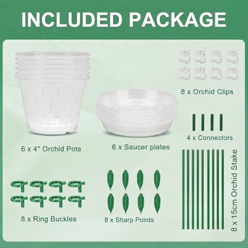 Orchid Pot -6 Pack 4 Inch Orchid Pots with Holes and Saucers, Clear Plastic Plant Pots with 8 Support Stakes and Clips, Orchid Repotting Kit for Indoor Plants