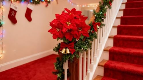 5 Pack Artificial Poinsettia Flowers Christmas Decorations - 13.8" Velvet Red Poinsettia Stems with 35 Flowers, Holiday Bouquet,Poinsettia Flowers Artificial,Treeporch, Patio, Indoor