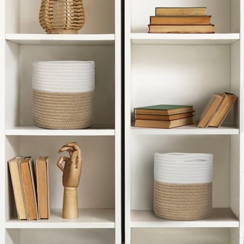 MEGASKET Small Wicker Plant Basket Indoor, 8"x8" Jute Spliced Cotton Rope Basket Planter Up to 7" Pot, Modern Flower Tree Pots Cover, Small Floor Woven Planters, Home Decor Storage Bin (Pack of 2)