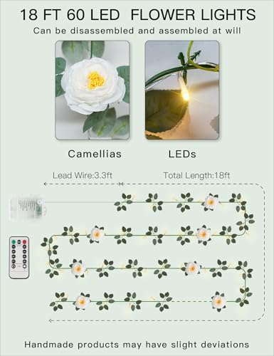 suddus 60LED Garland with White Camellia Lights Battery Operated Clear Wire