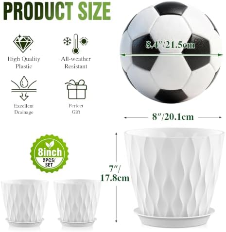 8 Inch Plant Pots 2 Pack, Plastic Pots Drainage Holes & Saucers