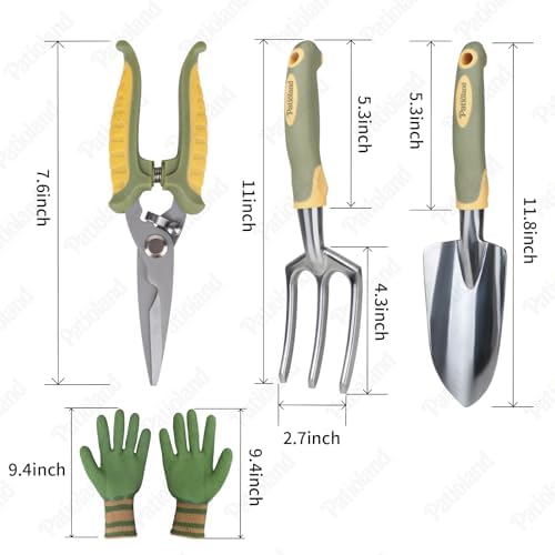 Green Garden Tool Set 4-Piece, Trowel, Fork, Pruning Shear&Gloves