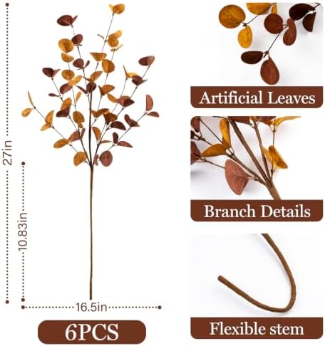Fall Decor 6Pcs 27" Faux Fall Eucalyptus Stems Leaves Decor Thanksgiving
