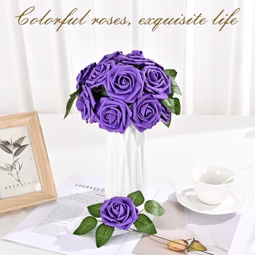BLEUM CADE 16Pcs Artificial Flowers Fake Foam Roses with Stems for Wedding