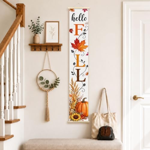 Hello Fall Pumpkin Porch Door Banner Wall Decorations 8x47