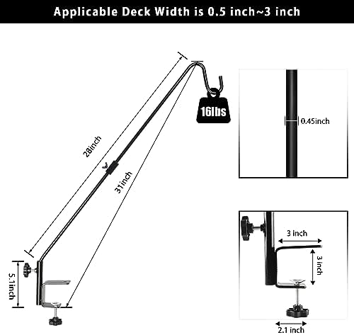 FEED GARDEN 31 Inch Heavy Duty Deck Hook, Non-Slip Clamp, 360 Degree Swivel, Black for Bird Feeders, Planters, Suet Baskets, Lanterns, Wind Chimes, 2 Pack