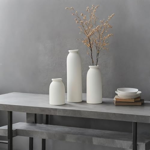 10.6 inches Tall Decorative Ceramic Vase Set, 3 Pieces, Nordic Modern Boho Style, White, for Home Decor (L White)
