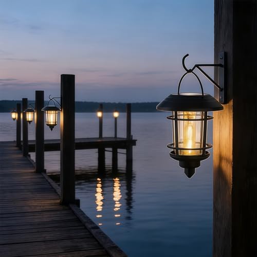 Dynaming 2 Pack Solar Lanterns Outdoor, Hanging Lantern Solar Garden Lights with Edison Bulb, Wall Mounted LED Light Auto On/Off, Waterproof for Garage Stair Patio Front Porch Yard, Warm White