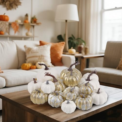 winemana 16 Pcs Golden and White Pumpkins Fall Decorations for Home