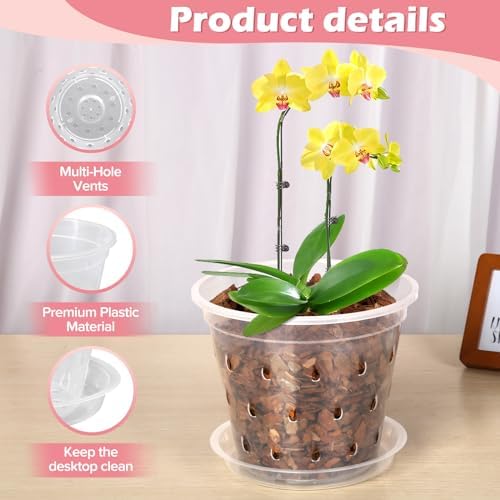 FUIJOL Orchid Pot, 6 Pack 456 Inch Clear Orchid Pots with Holes and Saucers for Repotting, Breathable Slotted Plastic Orchid Planters with Drainage for Root Health Indoor Outdoor
