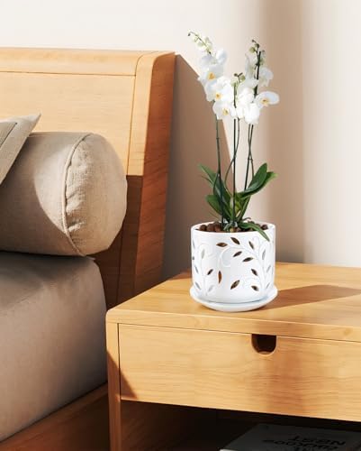BUYMAX 5&6in Ceramic Orchid Pots with Holes&Saucers Root Care Planter