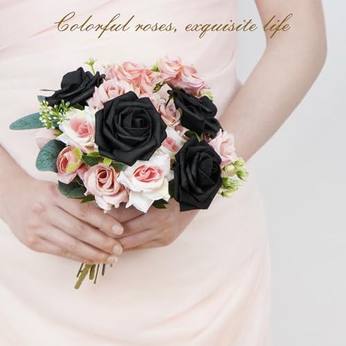 BLEUM CADE 16Pcs Artificial Flowers Fake Foam Roses with Stems for Wedding