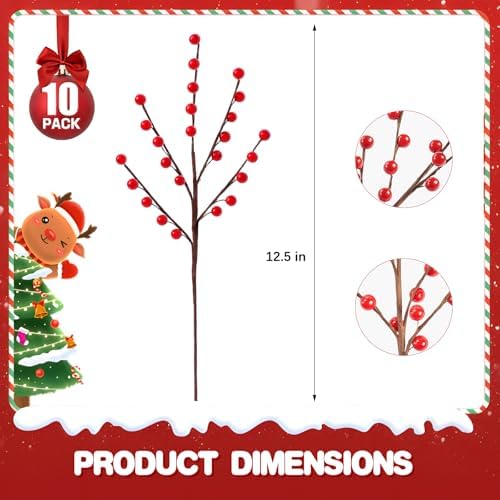 Breeze Touch 10 Pack Artificial Red Berry Stems,12.5inches Red Berry Picks Faux Holly Berry Branches for Christmas Tree Decorations, Holiday Home Decor and Wedding DIY Crafts