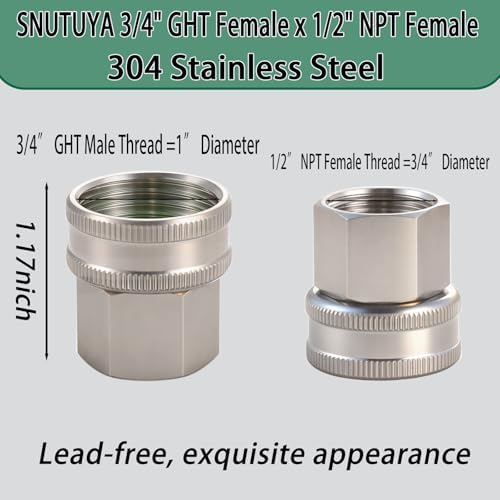 304 Stainless steel 3/4" GHT to 1/2" NPT Garden Hose Adapter, Lead-Free，Green Thumb Quick Swivel Connector Adapter ，Female to Female Hose Adapter（3/4"GHT x 1/2" NPT），hose connector，2 pack