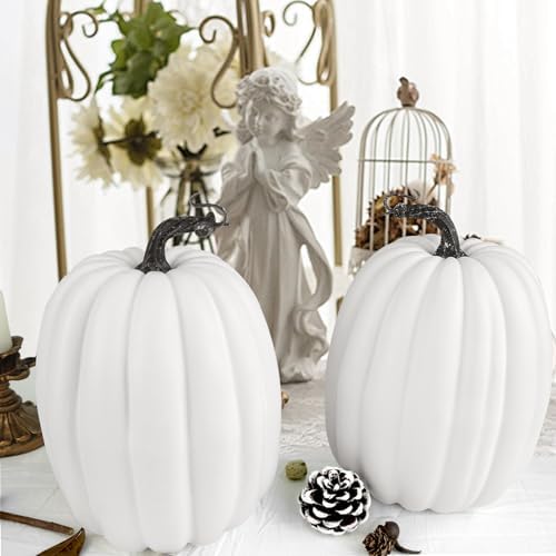 Artmag 8 Inch Large Artificial Pumpkins, 2PCS Big White Faux Foam Harvest Pumpkins for Fall Autumn Thanksgiving Seasonal Holiday Decor
