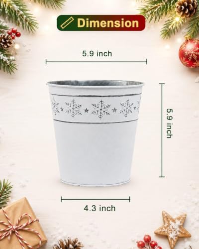 White Christmas Bucket Planters, 6 Pack Galvanized Metal Pots Holiday Decor