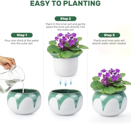 African Violet Pots, 6 Inch Self Watering Pots for Indoor Plants, Easy Plant Self Watering Planter, Ceramic Plant Pot with Absorbent Inner Pot for Flowers - Gradient Green (No Plants)