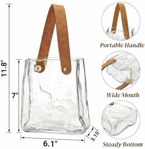 Noamus Glass Purse Vase for Flowers, Unique Bag Vases with Leather Handle, Decorative Wrinkle Handbag Shape Vase, Handmade Clear Fish Bowl for Centerpieces, Home Office Garden Wedding, Farmhouse Decor