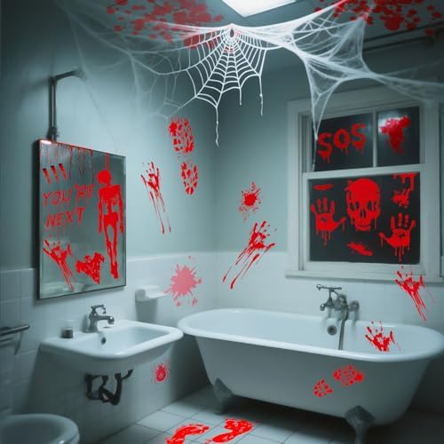 AhfuLife 108Pcs Halloween Window Clings, 9 Sheets Reusable Halloween Blood Handprint Window Stickers Removable Stickers for Kids Home Window Indoor Party Decorations