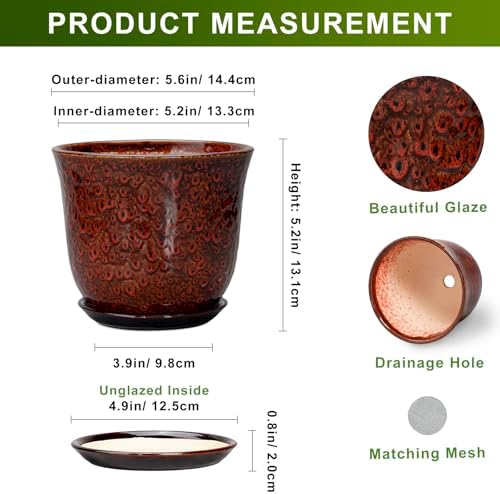 Ceramic Plant Pots - 5.6 Inch Plant Pot Indoor Outdoor, Small Planter with Drainage Hole and Saucer, Round Planter, Orchid Succulent Pots, Garden Room Decor, Gardening Gifts for Women, Red