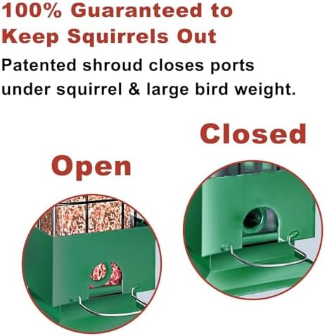 Squirrel Proof Bird Feeder, 3.5Lb Capacity Metal Bird Feeders for Outdoors Hanging, All-Weather Weight Activated Tube BirdFeeder with 4 Ports for Outside,Pigeon Resistant,Easy to Clean & Refill(Green)