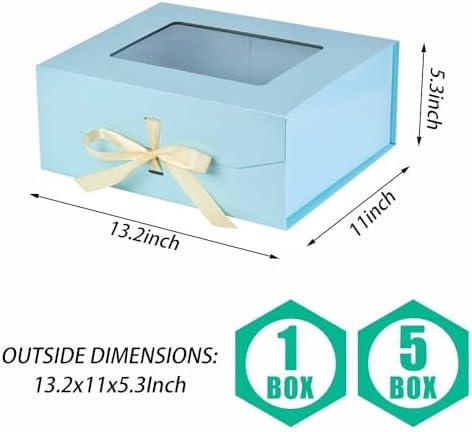 5 Pcs Blue Gift Box for Presents with Ribbon 13.2x11x5.3 Inches Clear Gift Box with Window Magnetic Closure Gift Boxes with Lids