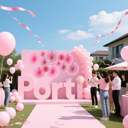 Pink Hanging Paper Fans, 12 Pieces Hanging Party Decorations Round Pattern Paper Garlands for Girl's Women Birthday Party, Wedding, Brial Shower