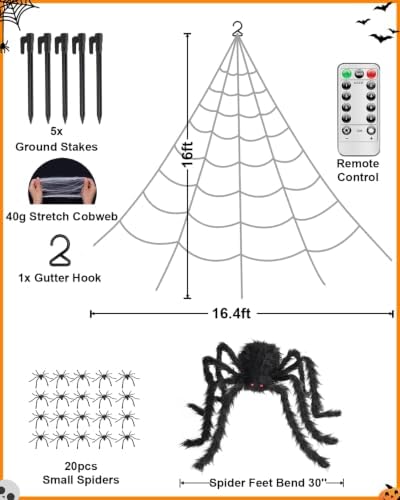 Brighter Spider Webs Halloween Decorations Lights,250 Purple LED Light Up,16.4Ft 8 Modes Giant Spiderweb with Remote Control,48'' Giant Spider,Waterproof & Timer,Halloween Decor for Outdoor