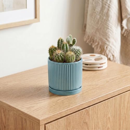 4 Inch Pots for Plants, Ceramic Planter with Saucer, Glaze Blue