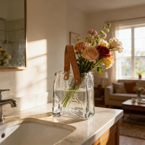 Noamus Glass Purse Vase for Flowers, Unique Bag Vases with Leather Handle, Decorative Wrinkle Handbag Shape Vase, Handmade Clear Fish Bowl for Centerpieces, Home Office Garden Wedding, Farmhouse Decor
