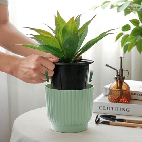 T4U Self Watering Pots for Indoor Plants, 4 Inch 6 Pack Planter Green