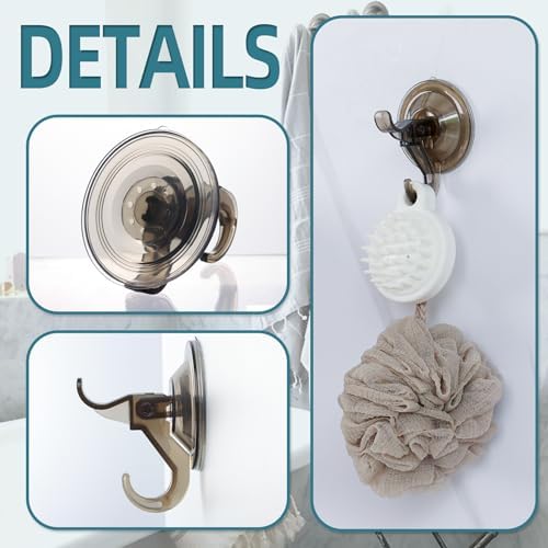Antimbee Suction Hooks, 5 Pack Clear Hanger, Removable Small Suction Cups for Shower, Bathroom, Glass, Door, Windows, Kitchen - Up to 11 lbs on Smooth Surface - 2 Hooks Design (Transparent Gray)
