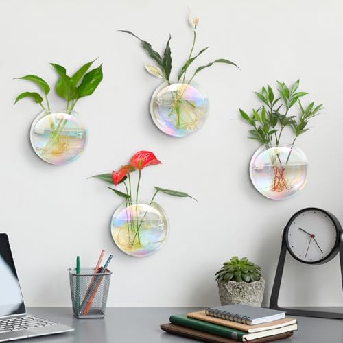 Kingbuy Wall Hanging Glass Planters Propagation Station - 2 Pack Iridescent Oblate Globe Flower Vases for Air Plants, Glass Terrariums with Floating Holders, Boho Indoor Hydroponic Home Office Decor