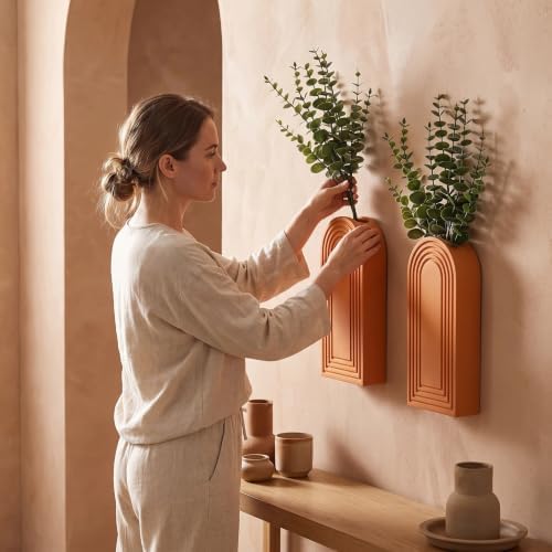 Dnnnii 2 Pack Wooden Wall Vase Set - Orange Finish Modern Farmhouse & Boho Wall Decor for Entryway, Hallway, Bathroom, Living Room, Dining Room, Narrow Spaces