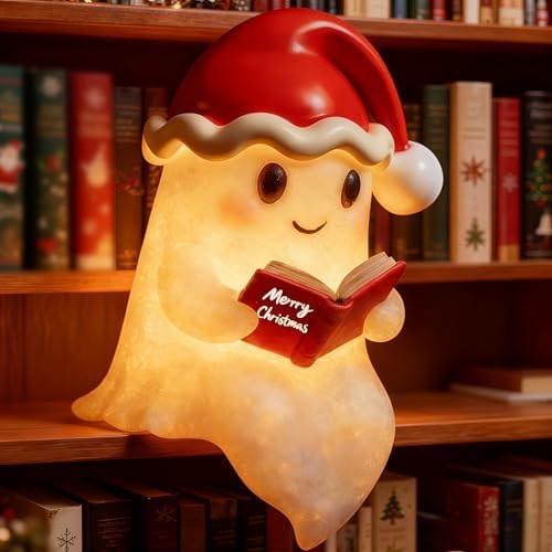 QETRABONE Christmas Ghost Reading Book Lamp, Cute Ghost Figurine Statue