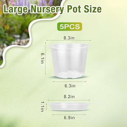 8 Inch Clear Nursery Pots with Drainage and Saucers, 5 Pack Large Clear Plastic Nursery Pots for Plants, Seedling Plant Pots for Repotting and Growing Plants, Flowers & Vegetables(8 inch)