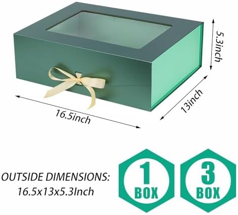 3 Pcs Green Extra Large Gift Box for Presents with Ribbon 16.5x13x5.3 Inches Clear Gift Box with Window Magnetic Closure Gift Boxes with Lids