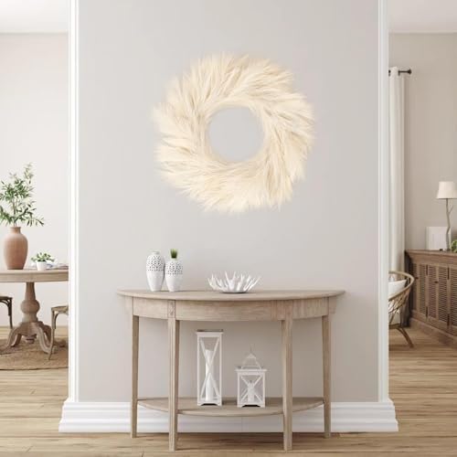 Sggvecsy Pampas Grass Wreath 26’’ Faux Pampas Wreath for All Seasons Artificial Pampas Wreath Christmas Decor Boho Wall Decor for Front Door Farmhouse Fall Autumn Xmas Spring Wreath Decoration (Biege)