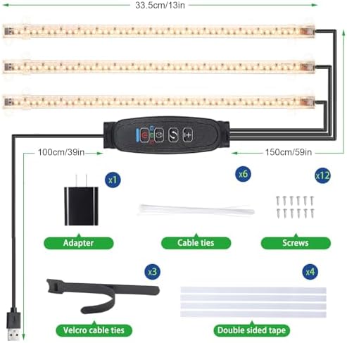 RWNTAO 13 Inches LED Grow Light Strips for Plant Shelf, 3500K Full Spectrum Plant Growing Lights for Indoor Plants, 144 LEDs Planting Lamp with 10 Dimmable Levels and 3/9/12H Timer, 3 Head