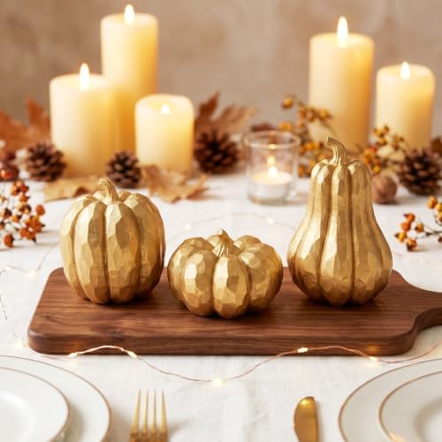 Gold Pumpkin Decor, 3Pcs Resin Pumpkin Figurines Fall Decoration for Home