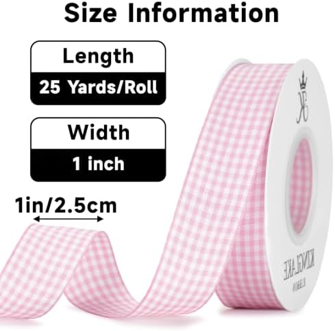 KINGLAKE Light Pink Gingham Ribbon - 1'' x 25 Yds Pink Plaid Ribbon