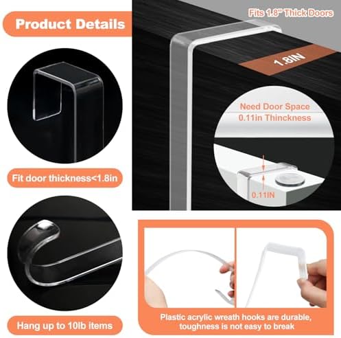 15" Clear Over The Door Wreath Hanger 2 Pack, Non-Scratch Door Hooks