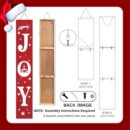 Christmas Porch Sign JOY 47" Winter Large Welcome Porch Sign Xmas Decor for Home Front Door Farm Yard Party Decor (Red)