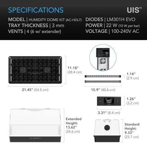 AC Infinity Heavy-Duty Large Humidity Dome w/ Full Spectrum LED Grow Lights