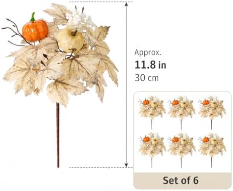 6 Pcs Fall Pumpkin Floral Picks, Artificial Maple Leaf Berry Stems, Thanksgiving Wreath Centerpiece Vase DIY Decorations