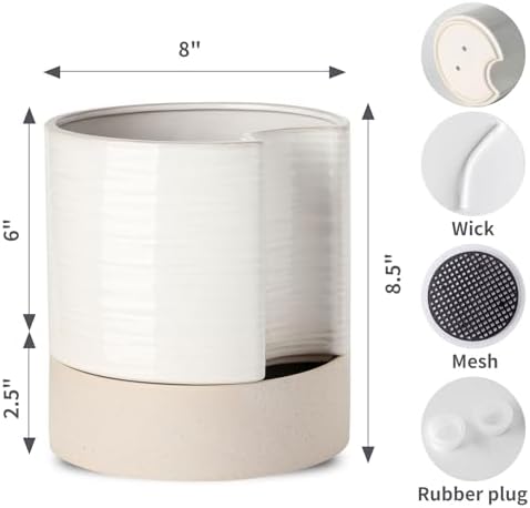 Nihow Ceramic Self Watering Plant Pot for Indoor Plants, 8 Inch,Cream White