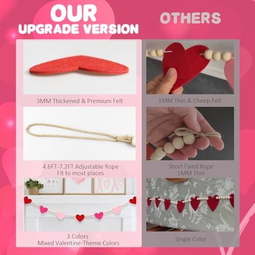 CESOF Valentines Garland Decorations, Hanging Felt Hearts Heart Garland