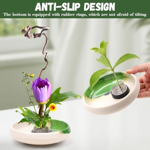 Woration Japanese Ikebana Vase & Flower Frog Kit, Floral Art 5.35inch White Bowl Pot with 1.57inch Kenzan for Flower Arrangement Desk Office Home Decoration