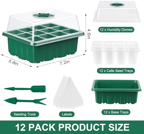 12 Pack Seed Starter Tray, 144Cell Stater Kit with Humidity Dome Green