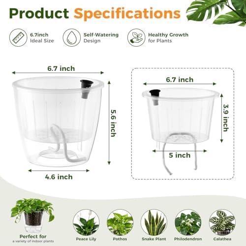 Clear Self Watering Pots for Indoor Plants, 3-Pack 6.7 Inch Top-Fill Self Watering Planter, Clear Orchid Pots with Drainage, Wick Inner Basket, Semi Hydroponic Pot, Transparent